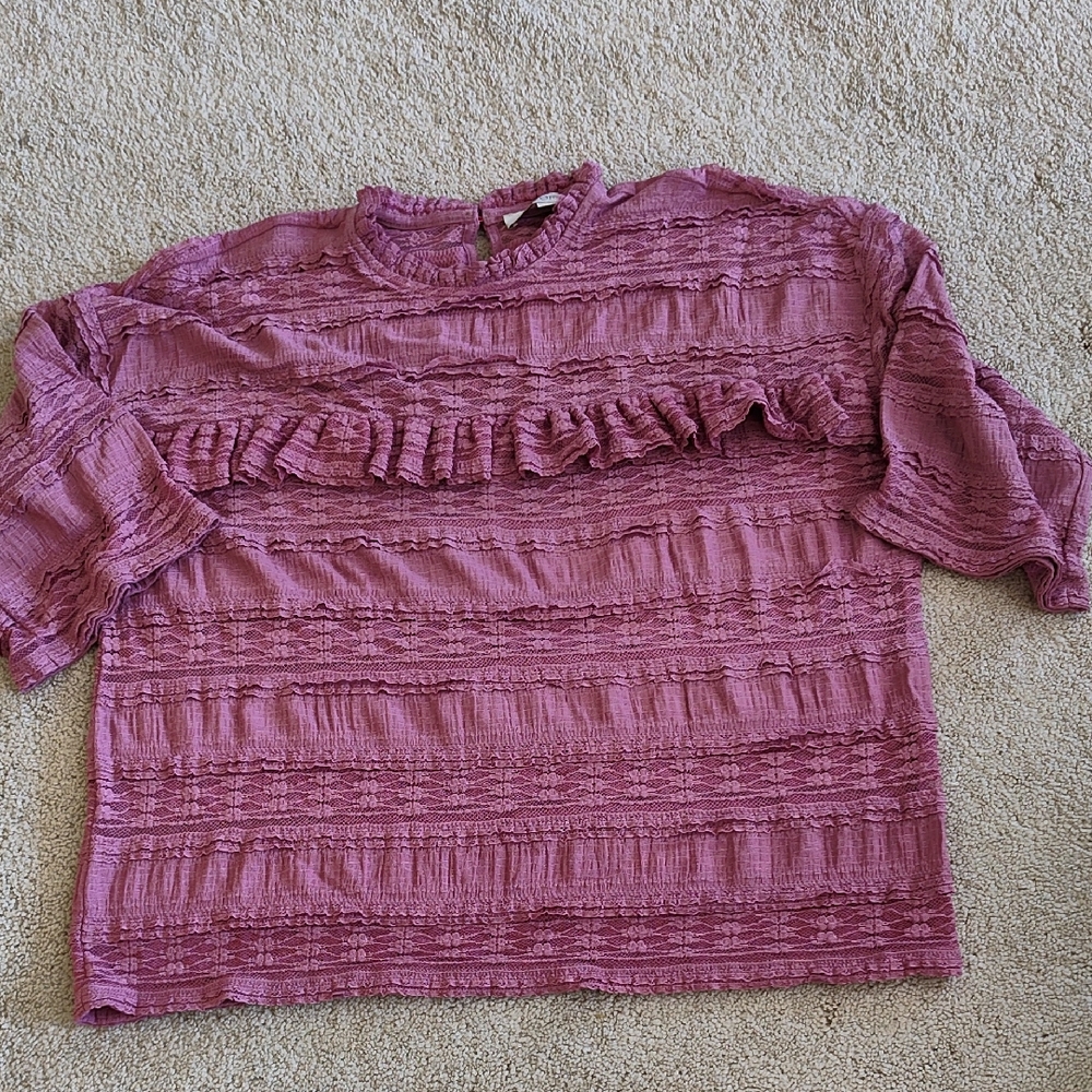 LOFT Textured Mauve Blouse with Ruffle Detail